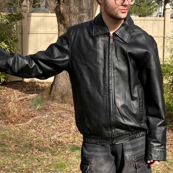Vintage Columbia Jacket, Black Leather, Mens Medium, w/ Custom Embroidery, Eagle - Picture 2 of 12
